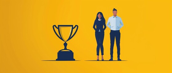 Businessman and businesswoman with large trophy, minimalist design, soft lighting, success theme