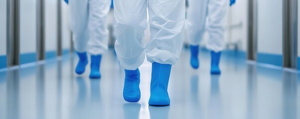 Medical professionals wearing protective gear walk on a clean, sterile floor in a healthcare facility.