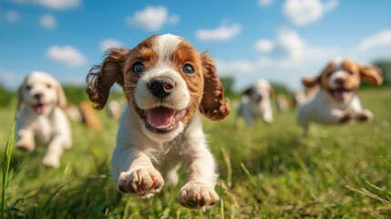 Puppies playing in a field with blue sky on a summer’s day