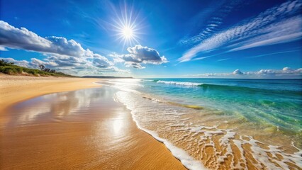 Obraz premium Beautiful sandy beach on a sunny day with clear blue skies and sparkling water , Sand, beach, sunny, day, clear, blue skies