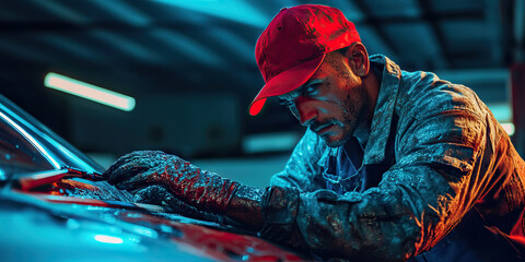 Obraz premium Latino male mechanic, covered in grease and wearing a red cap, working on a car under a blue garage light.