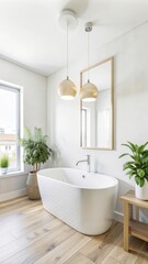 A modern bathroom features a sleek, white freestanding bathtub centered against a minimalist white wall.