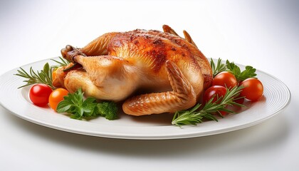 gourmet roasted chicken on an elegant white plate perfectly garnished with fresh herbs and vegetables set against a clean white background for maximum visual impact