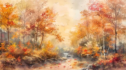 Dreamy watercolor of a serene autumn landscape, with colorful falling leaves, a gentle stream, and golden light