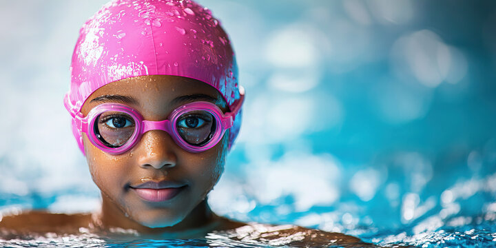 Young African American girl wearing a pink swim cap and goggles, practicing her freestyle stroke in a pool.