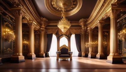 Grand throne room with golden details, royal palace ambiance.