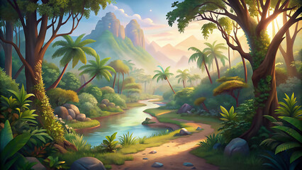 Horizontal cartoon background jungle with hiking road