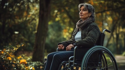 Naklejka premium A thoughtful woman in a wheelchair enjoys a peaceful moment in the autumn park during the late afternoon hours