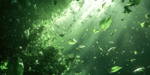 Fototapeta premium Green Leaves Falling Through Sunlight in a Forest