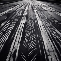 grungy asphalt with dynamic tire tracks high contrast monochrome textured road surface urban street art style abstract linear patterns