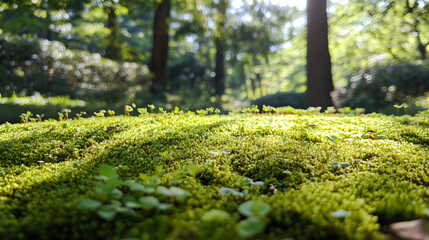 Bright Moss and Other Plants in Park