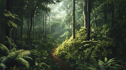 Sunlit ferns carpet vibrant green forest floor