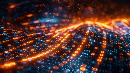 Digital Data Stream: A background depicting a flowing stream of binary code, suggesting digital data transfer and high-tech environments. The glowing numbers create a futuristic, cyberpunk aesthetic.