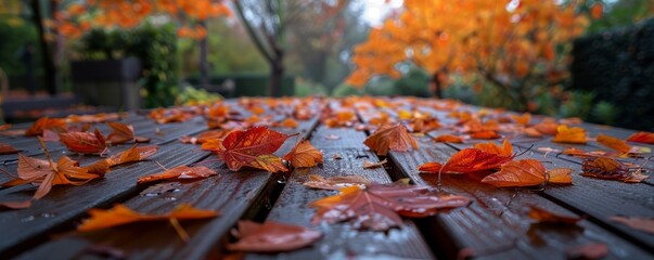 Autumn leaves on a garden table