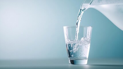 Water pouring into a glass from a frosted pitcher, drink water hydration cooling, cool and satisfying drink