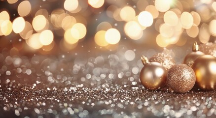 Golden Christmas Ornaments on Glittering Surface Surrounded by Warm Lights