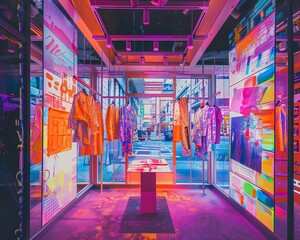 Marvel at the vibrant displays in a fast fashion popup shop set in a bustling urban street
