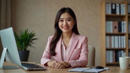 Portrait smile beautiful business asian woman in pink suit working in office desk virtual computer. Small business owner people employee freelance online sme marketing e-commerce telemarketing