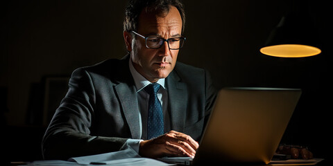 Caucasian businessman wearing suit, tie and glasses, sitting at a desk with a laptop and financial documents.