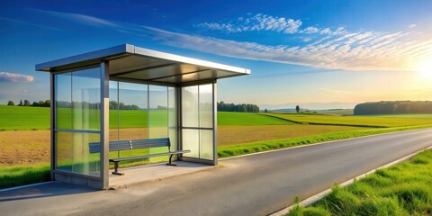 Fototapeta premium Modern bus stop in a rural setting with green fields and clear blue sky , rural, countryside