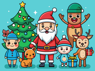 Christmas characters. Cartoon groovy 70s holiday mascots. Merry Christmas and Happy New Year. Comic Santa Claus, deer and snowman, elf and Christmas tree, gingerbread. Vector 60s winter holiday set
