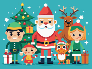 Christmas characters. Cartoon groovy 70s holiday mascots. Merry Christmas and Happy New Year. Comic Santa Claus, deer and snowman, elf and Christmas tree, gingerbread. Vector 60s winter holiday set
