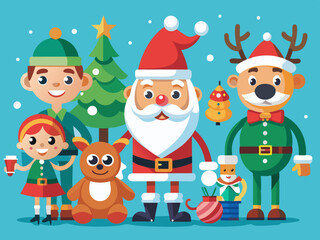Christmas characters. Cartoon groovy 70s holiday mascots. Merry Christmas and Happy New Year. Comic Santa Claus, deer and snowman, elf and Christmas tree, gingerbread. Vector 60s winter holiday set

