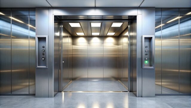 Modern steel elevator interior with sleek design and digital floor display, elevator, steel, modern, interior