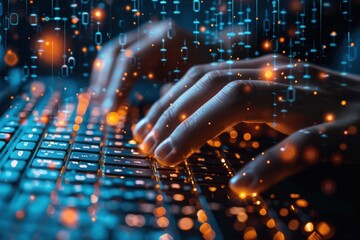 A close-up shot of hands typing on a keyboard with an abstract overlay of binary code, representing technology, communication, and the digital age in a striking visual.