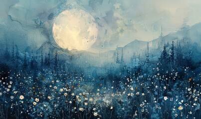 Abstract moonlit meadow in watercolor on white.