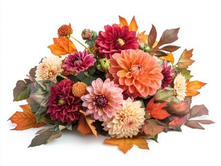Obraz premium Autumn bouquet featuring dahlias and colorful leaves on a table