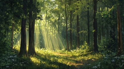 Fototapeta premium Sunlight Streaming Through Forest Canopy