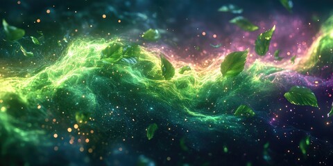 Fototapeta premium Green Leaves Floating in a Glowing, Abstract Nebula