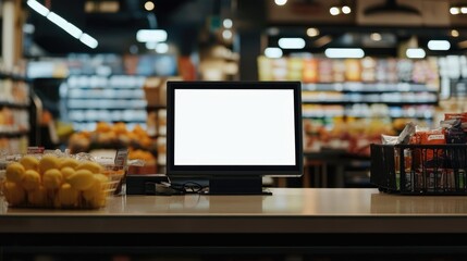 Fototapeta premium A blank screen on a checkout counter in a grocery store, with blurred product aisles behind, suitable for retail and shopping contexts.