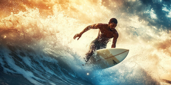 Young African American man surfing waves on beach with surfboard