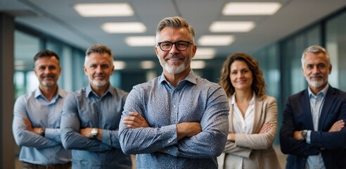 Portrait, meeting and business man with arms crossed for teamwork and support for project management in office. Creative agency, confident and mature male manager with pride for staff collaboration