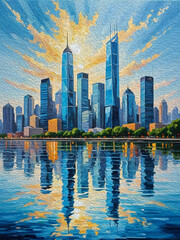 Oil painting. Skyscrapers. Pattern for printing on wall decorations, fabrics, and for use in graphics. Generated by Ai
