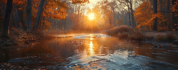 Sun setting over an autumn river