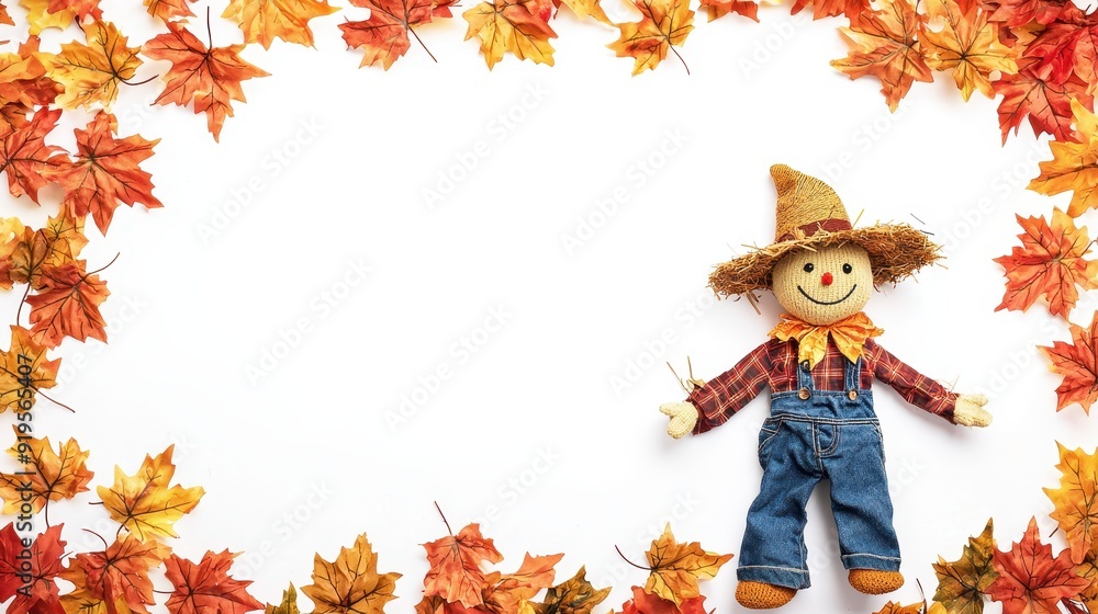 Wall mural autumn banner featuring a cheerful scarecrow surrounded by colorful fall leaves