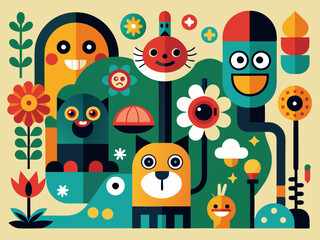 Funny abstract characters. Cartoon comic shape with faces and different emotions. Retro funky strange animal, flower. Amorphous psychedelic character vector set
