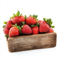 Freshly picked strawberries in a rustic wooden box on a white background