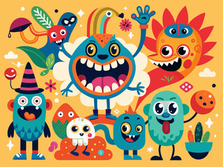 Funny abstract characters. Cartoon comic shape with faces and different emotions. Retro funky strange animal, flower. Amorphous psychedelic character vector set
