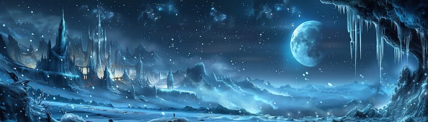 Fototapeta premium Moonlit frozen cave with castle, icicles, magical