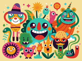 Funny abstract characters. Cartoon comic shape with faces and different emotions. Retro funky strange animal, flower. Amorphous psychedelic character vector set
