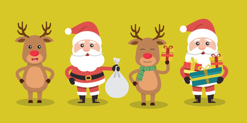 Funny Christmas party for kids: Collection of vector illustrations with Santa Claus, reindeer.