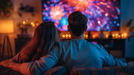 Obraz premium back view of a couple watching a firework display on a smart TV. 