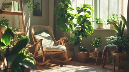 Obraz premium A cozy, serene room with knit fabric rocking chairs and vibrant green plants, ideal for relaxation and calm living spaces.