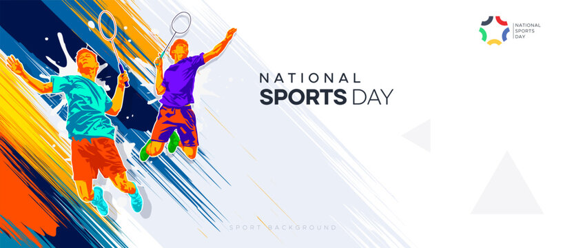 vector illustration of a badminton athlete with a jumping smash action. colored silhouette style design, grunge. badminton national sports day celebration design concept. national sports day