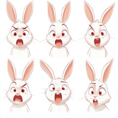 Fototapeta premium A set of six cartoon white rabbit expressions with big eyes and open mouths. The rabbit has various facial expressions.