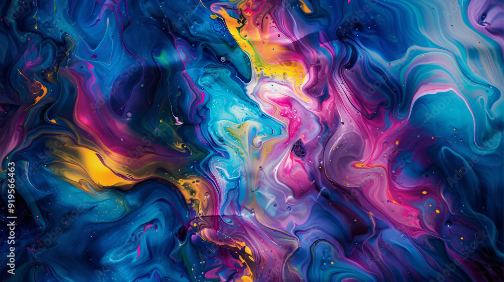 Poster Abstract image of acrylic paint mixing in colorful swirls